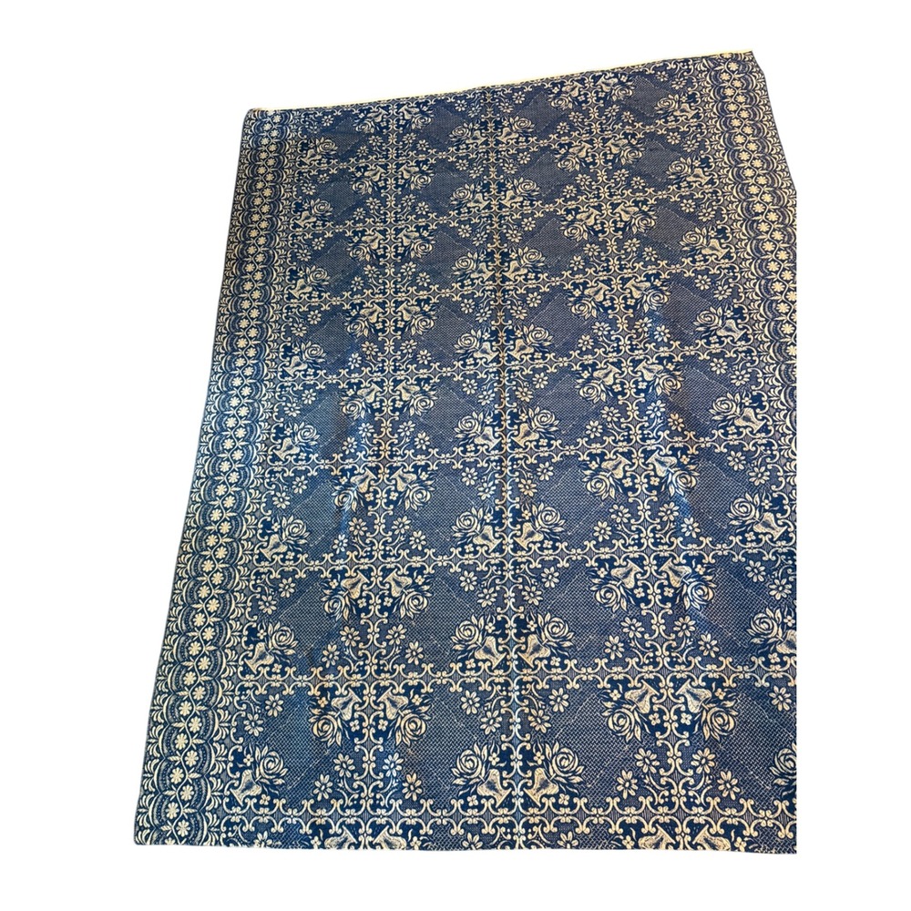 Vintage Blue Woven Jacquard Bedspread Floral Colonial Coverlet 90in Full Queen